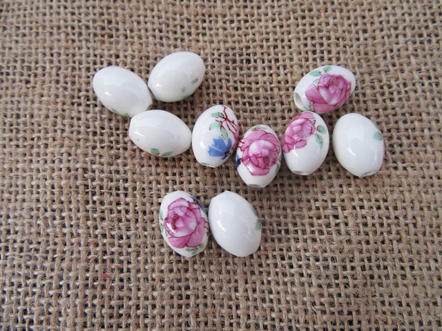 5x10Pcs Oval Lampwork Procein Beads Flower Pattern 15x12mm
