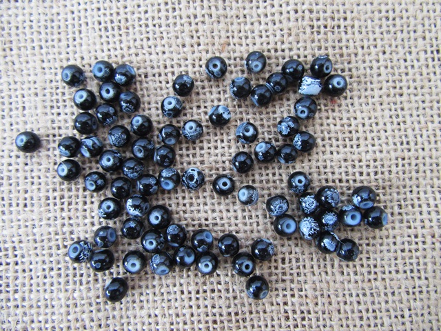 700Pcs Black Floral Painted Glass Beads 6mm Dia. - Click Image to Close