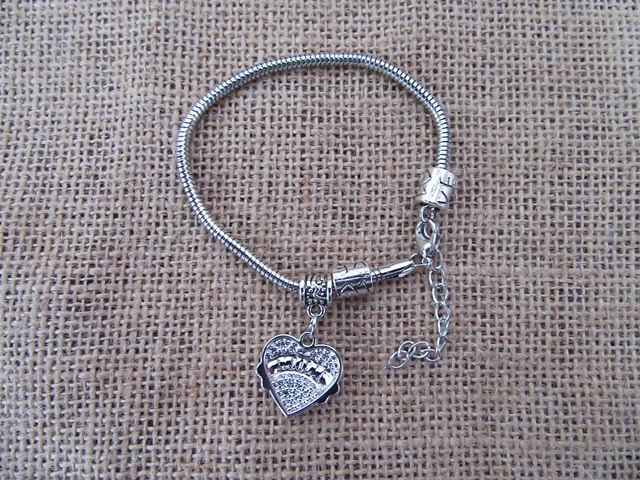 10Pcs European Bracelet 24cm with Heart Charm Mothers Day Gift - Click Image to Close