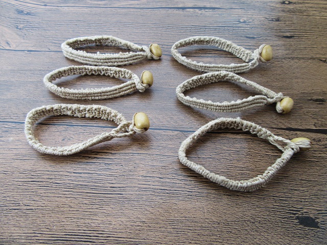 12X Hemp Knitted Bracelet with Wooden Barrel Bead End - Click Image to Close