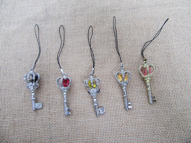 12Pcs Alloy Zinc Mobile Phone Strap with Crown Key Dangles - Click Image to Close