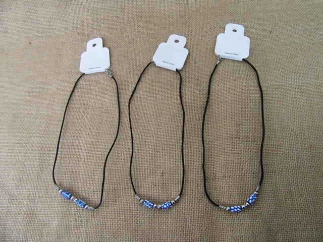 60Pcs Leatherette Cord Necklace with Blue Polymer Clay Beads - Click Image to Close