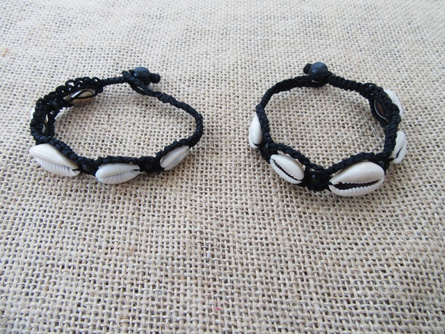12X Handmade Black Knitted Bracelets with Shell Beads - Click Image to Close