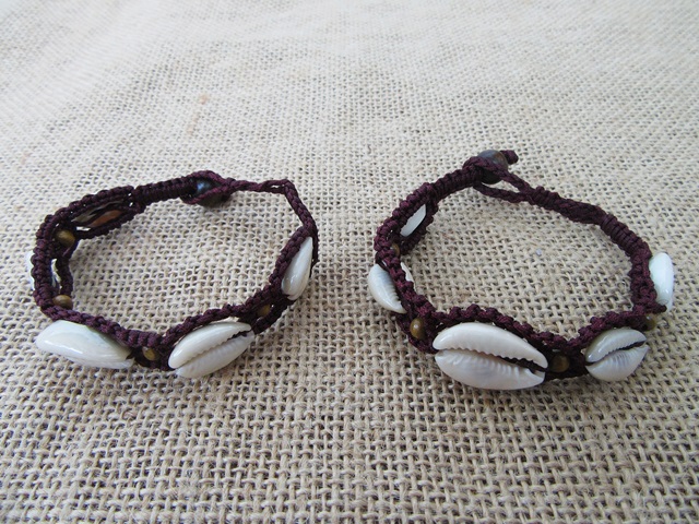 12X Handmade Brown Coffee Knitted Bracelets with Shell Beads - Click Image to Close