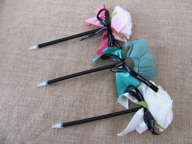 10Pcs Cool Artificial Rose Flower Blue Ballpoint Pen - Click Image to Close