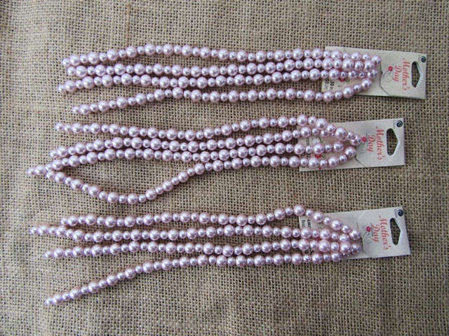 6Sheets X 4Strands Pink Round Glass Pearl Beads 6/8mm