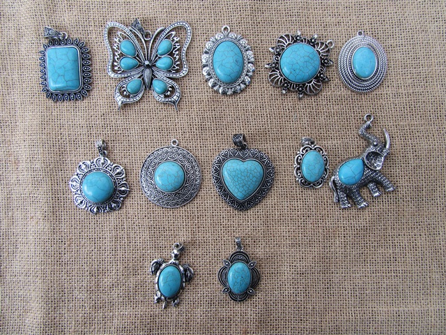12Pcs Alloy Metal Pendant with Turquoise Gemstone Assorted - Click Image to Close