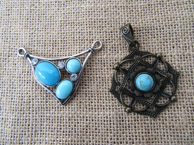 12Pcs Alloy Metal Pendant Charms with Gemstone Assorted