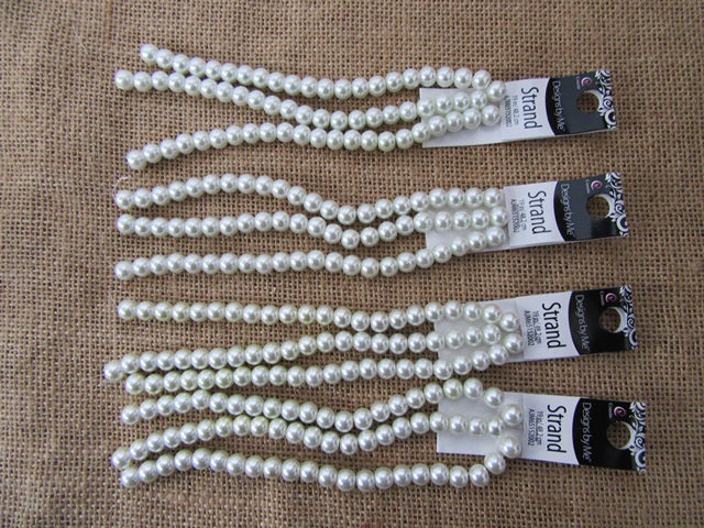 12Sheets X 3Strands White Round Glass Pearl Beads 8mm - Click Image to Close