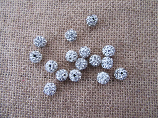 100Pcs Round Plastic Beads with Rhinestone 10mm Dia. - Click Image to Close