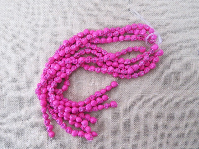 8Strands X 28Pcs Hot Pink Skull Gemstone Beads 12x10x12mm - Click Image to Close