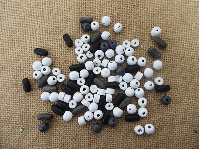 250Grams Black White Wooden Loose Beads Crafts Jewellery Making - Click Image to Close