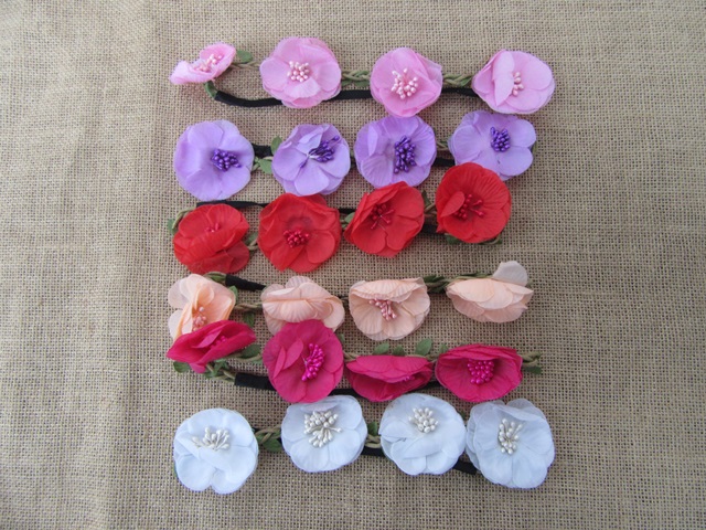 12Pcs Elastic Head Band with Flower Mixed Color - Click Image to Close