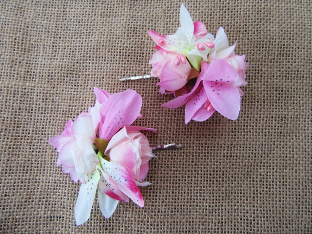 10Sheets X 2Pcs Hair Clips Barrette with Rose Lily Flower - Click Image to Close