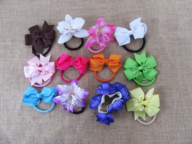 12Pcs Hairbands Hair Ties Scrunchies with Bowknot Assorted - Click Image to Close