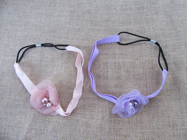 6Pcs Elastic Head Band Head Hoop Hairband w/Organza Flower - Click Image to Close