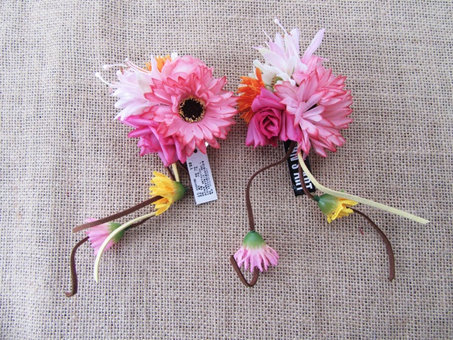 12Pcs Pink 2in1 Hair Clips Brooches with Flower Mixed - Click Image to Close