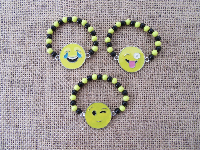 6Pcs Kids Smile Face Emoji Charm Beaded Bracelets Assorted - Click Image to Close