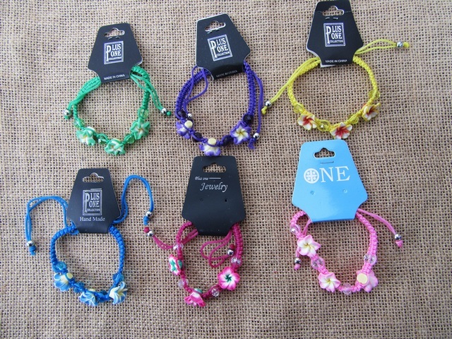 12Pcs Knitted Drawstring Bracelet with Frangipani Beads Mixed