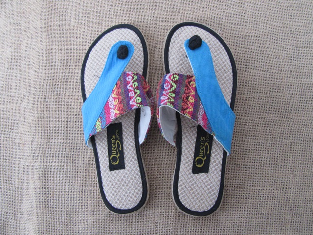 1Pr Blue Hemp Cotton Female Sandals Flip-Flops Slippers - Click Image to Close
