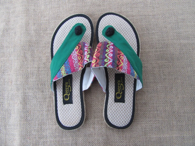 1Pr Green Hemp Cotton Female Sandals Flip-Flops Slippers - Click Image to Close