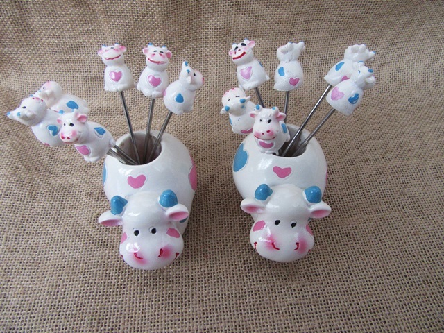6Sets Cow Shape Fruit Fork Set Home Salad Fork with Holder
