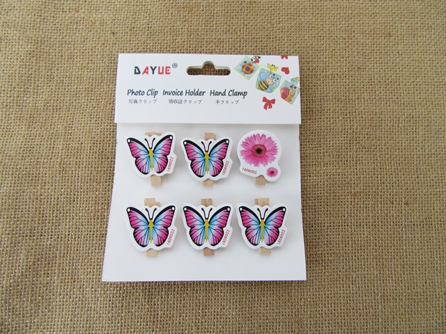 12Sheets X 6Pcs Wooden Butterfly Mini Photo Paper Clip Craft - Click Image to Close