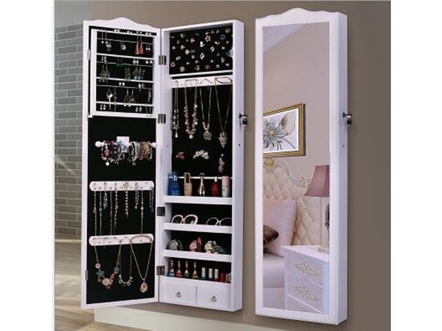 1X New White Lockable Jewellery Display Cabinet w/Mirror