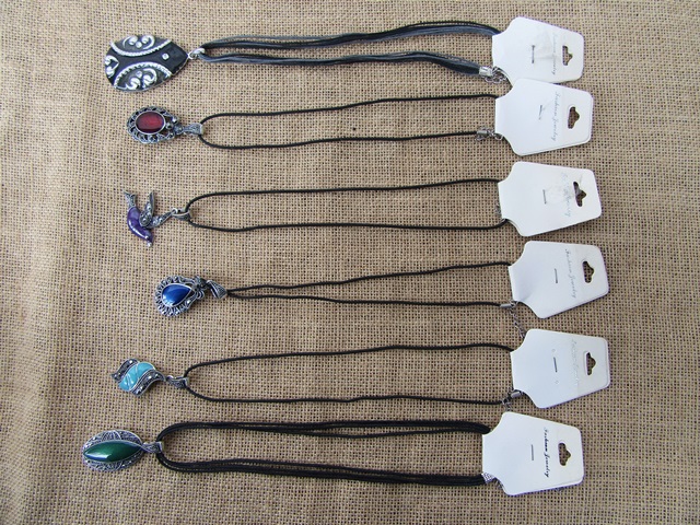 12Pcs CHIC Cord Necklace with Fake Gemstone Etc Pendant 49cm - Click Image to Close