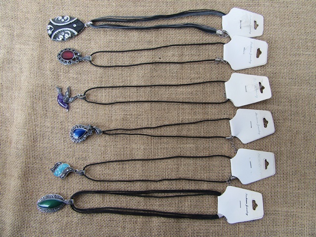 12Pcs CHIC Cord Necklace with Fake Gemstone Etc Pendant 49cm
