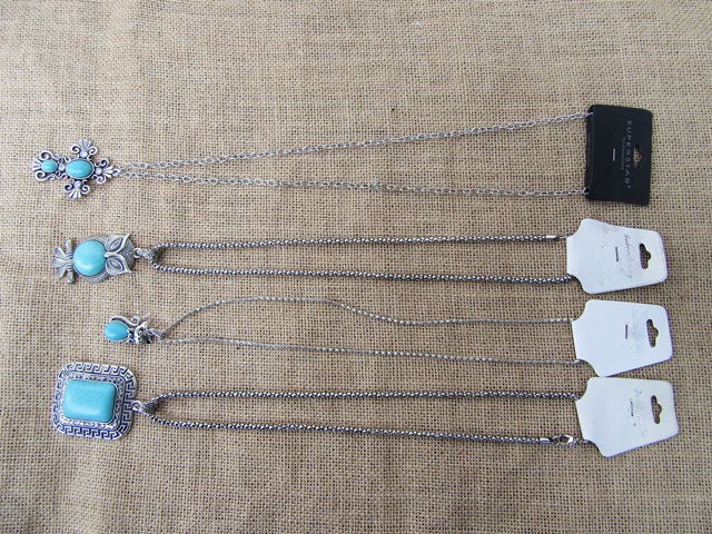 12Pcs Metal Chain Necklace with Blue Gemstone Pendant - Click Image to Close