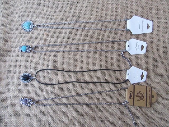 12Pcs Metal Chain Necklace with Dyed Gemstone Pendants Assorted