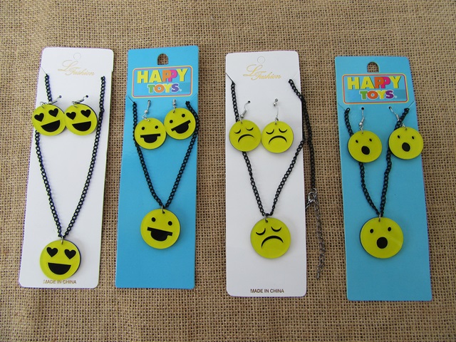 6Sets Funny Smile Face Emoji Linked Chain Necklace W/Earring - Click Image to Close