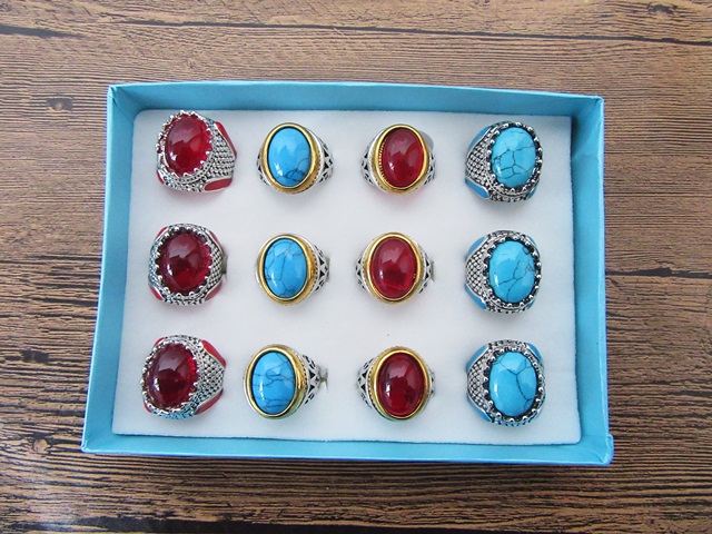 12Pcs Tribal Design Metal Rings with Gemstone Assorted - Click Image to Close
