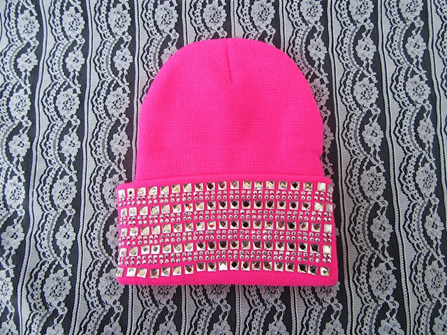 1X Shiny Diamond Hot Pink Knit Warm Beanie Hat Winter Warm Cap - Click Image to Close