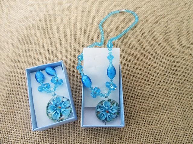 6Pcs Handmade Blue Flower in Glass Pendant Beaded Necklace with - Click Image to Close