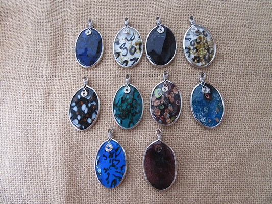 10Pcs Oval Shape Glaze Glass Beads Pendant Assorted - Click Image to Close