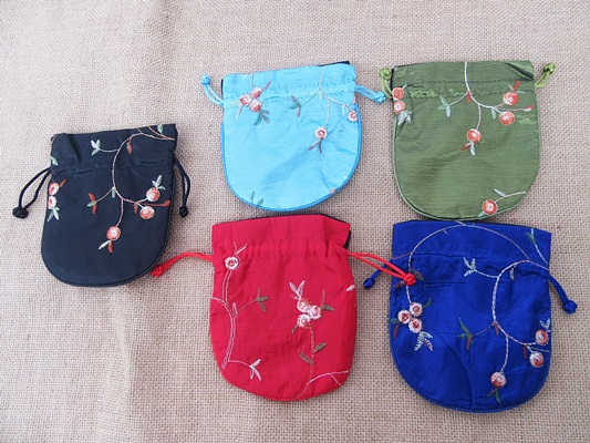6Pcs Embroidered Silk Drawstring Jewelry Gift Pouches Mixed Colo - Click Image to Close