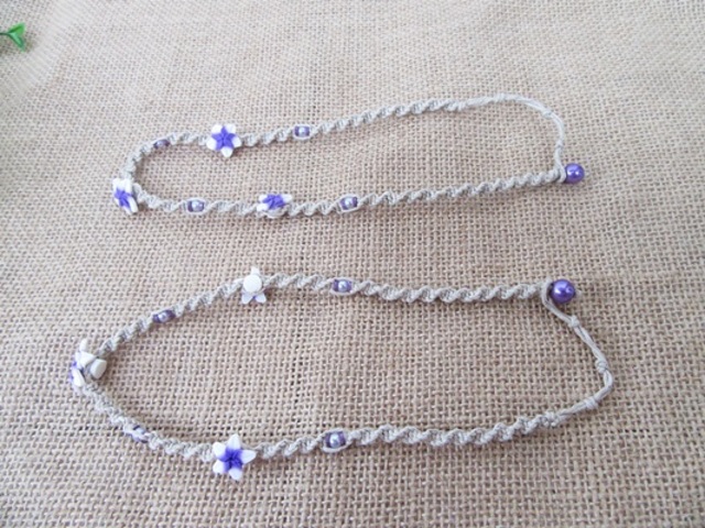 12Pcs Hemp Cord Handmade Knitted Necklaces With Purple Frangipan