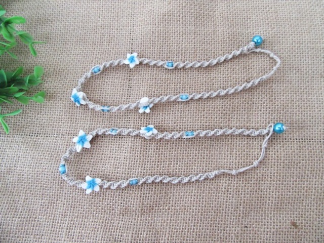 12Pcs Hemp Cord Handmade Knitted Necklaces With Blue Frangipani