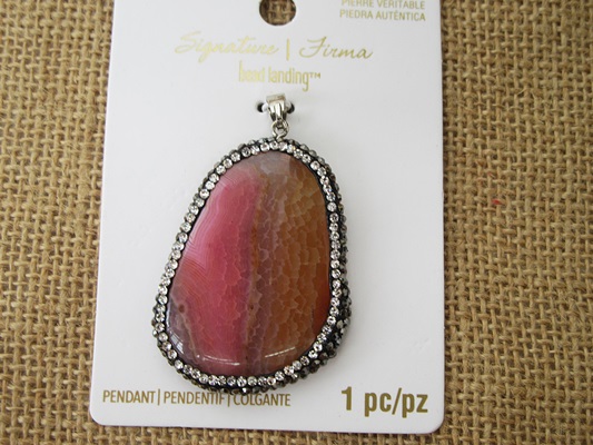 1Pc Natural Gemstone Charm Pendants with Rehinestone - Pink Colo - Click Image to Close