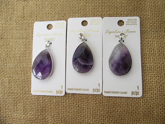 3Pcs New Tear Shape Purple Color Gemstone Charm Pendants - Click Image to Close