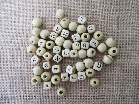 100Pcs Mixed Wooden Plain Round and Cube Alphabet Square Beads - Click Image to Close