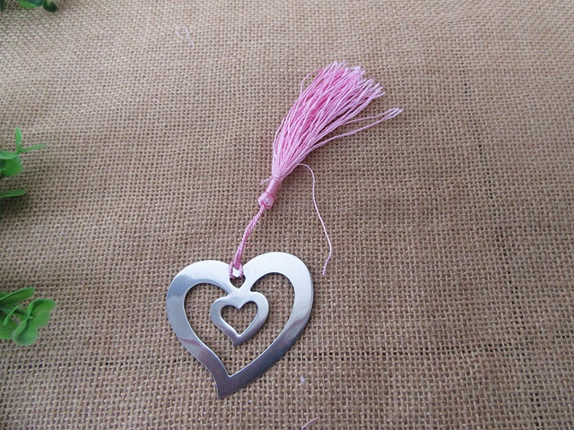 12Pcs Silver-Metal Heart Bookmark w/Pink Tassel Wedding Gift Fav - Click Image to Close