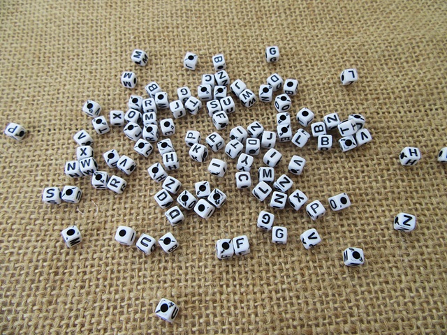 250Gram Black Words on White Alphabet Letter Beads Cube Loose Be - Click Image to Close