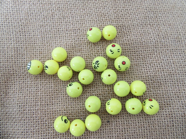 100Pcs New Yellow Smile Face Emjoi Round Loose Beads - Click Image to Close