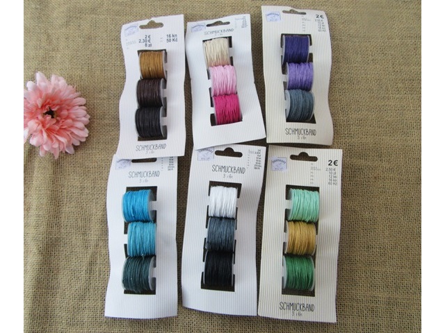 6Sheet x 3Roll Waxen Strings Jewlery Rope 1mm Dia Mixed Color