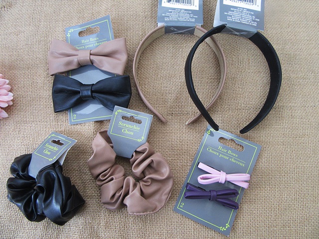 36Sheet PU Leather Hair Bows Scrunchie Headband Assorted - Click Image to Close