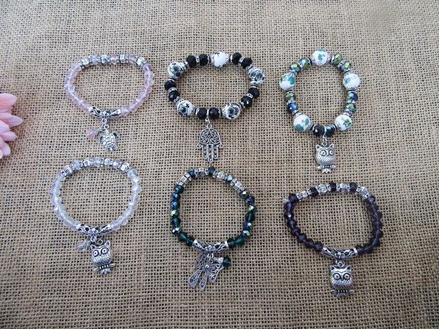 12Pcs Elastic Glass Beaded Bracelet With Owl Etc Dangle - Click Image to Close