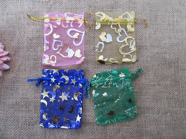 100Pcs Foil Drawstring Organza Jewelry Gift Pouches 85x65mm Mix